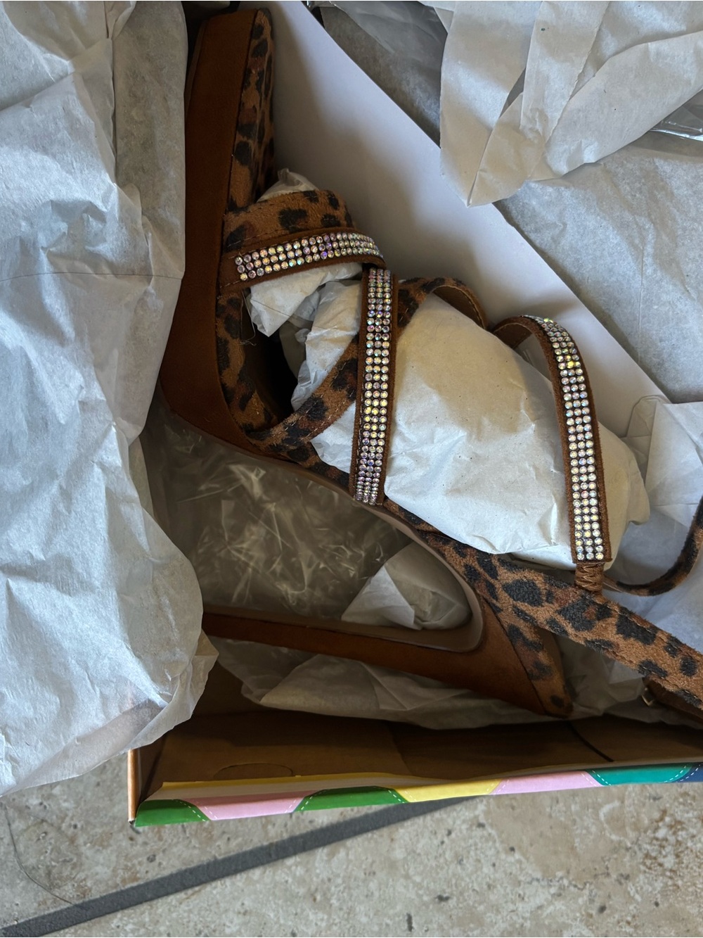 Shoe Republic LA Leopard Print Rhinestone Strap Heels - Brown